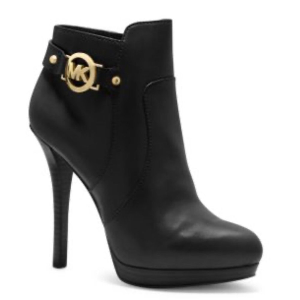 Michael Kors Wyatt Black Leather Ankle Bootie Platform Gold Logo 5" Heel 10M